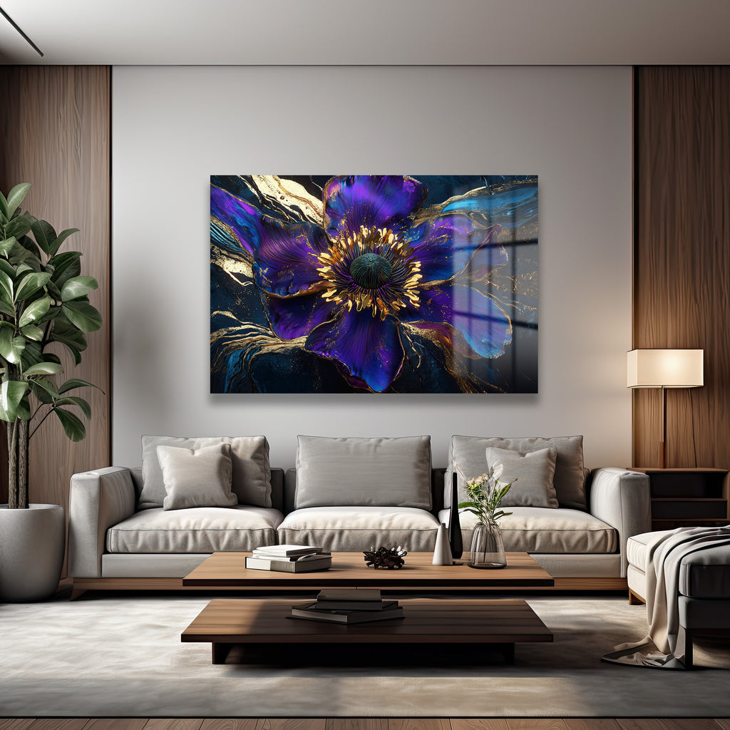 Asil Mor ve Altın Çiçek: Lüks Modern Cam Tablo