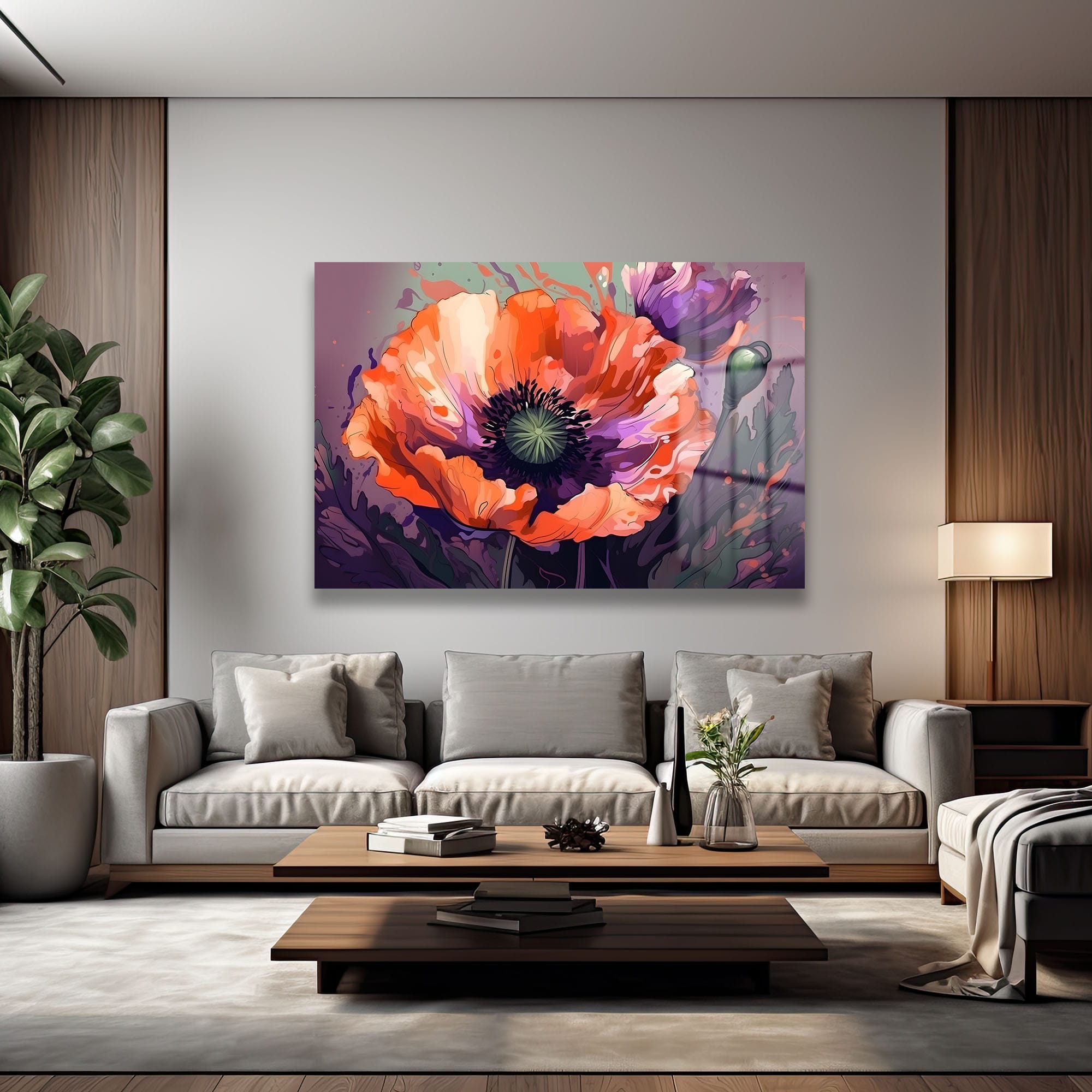 Canlı Haşhaş Büyüsü: Modern Sanat Temperli Cam Tablo
