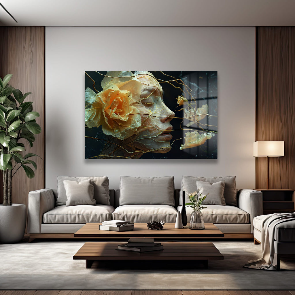 Ethereal Düşler: Sanatsal Kadın Profili ve Çiçek Temalı Cam Tablo