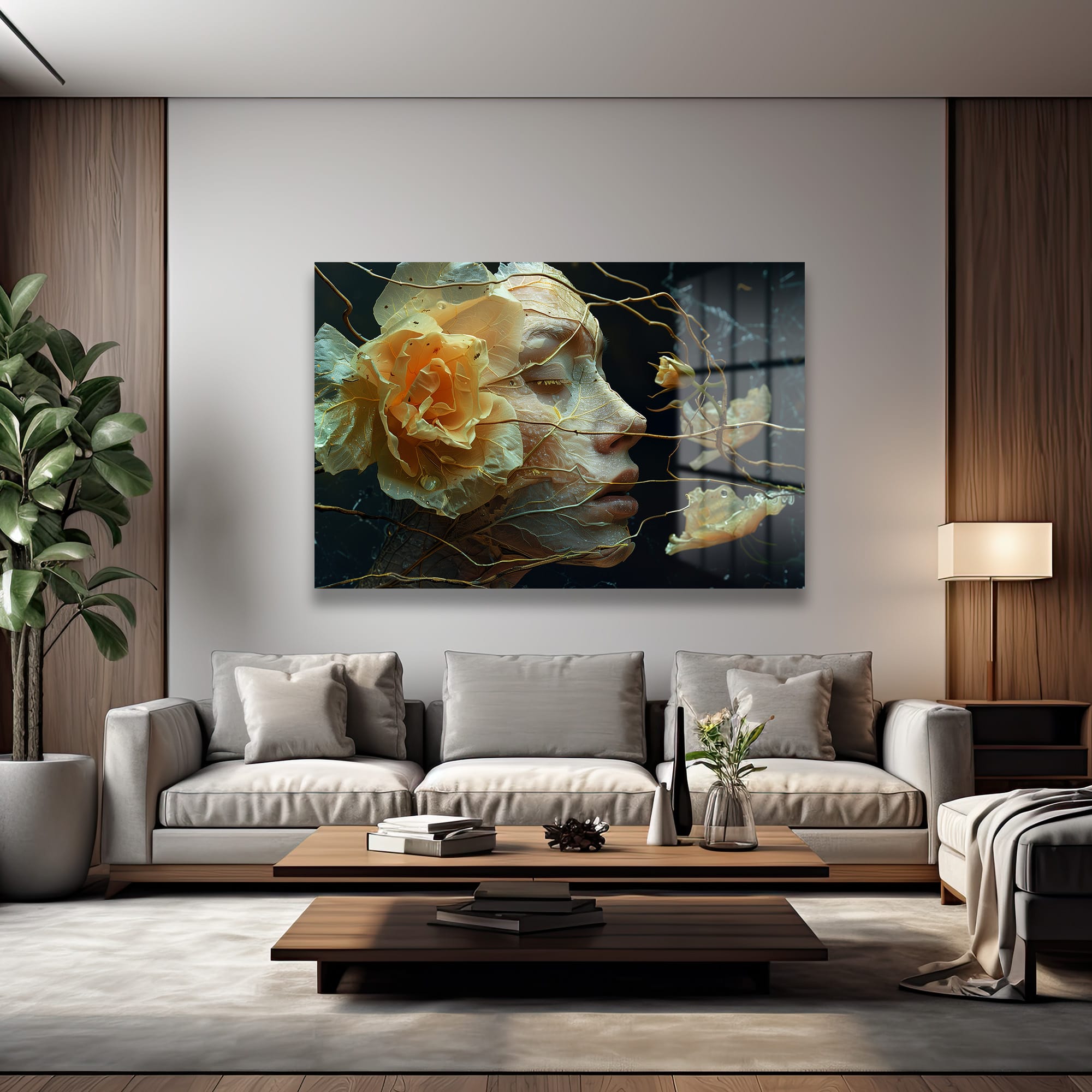 Ethereal Düşler: Sanatsal Kadın Profili ve Çiçek Temalı Cam Tablo