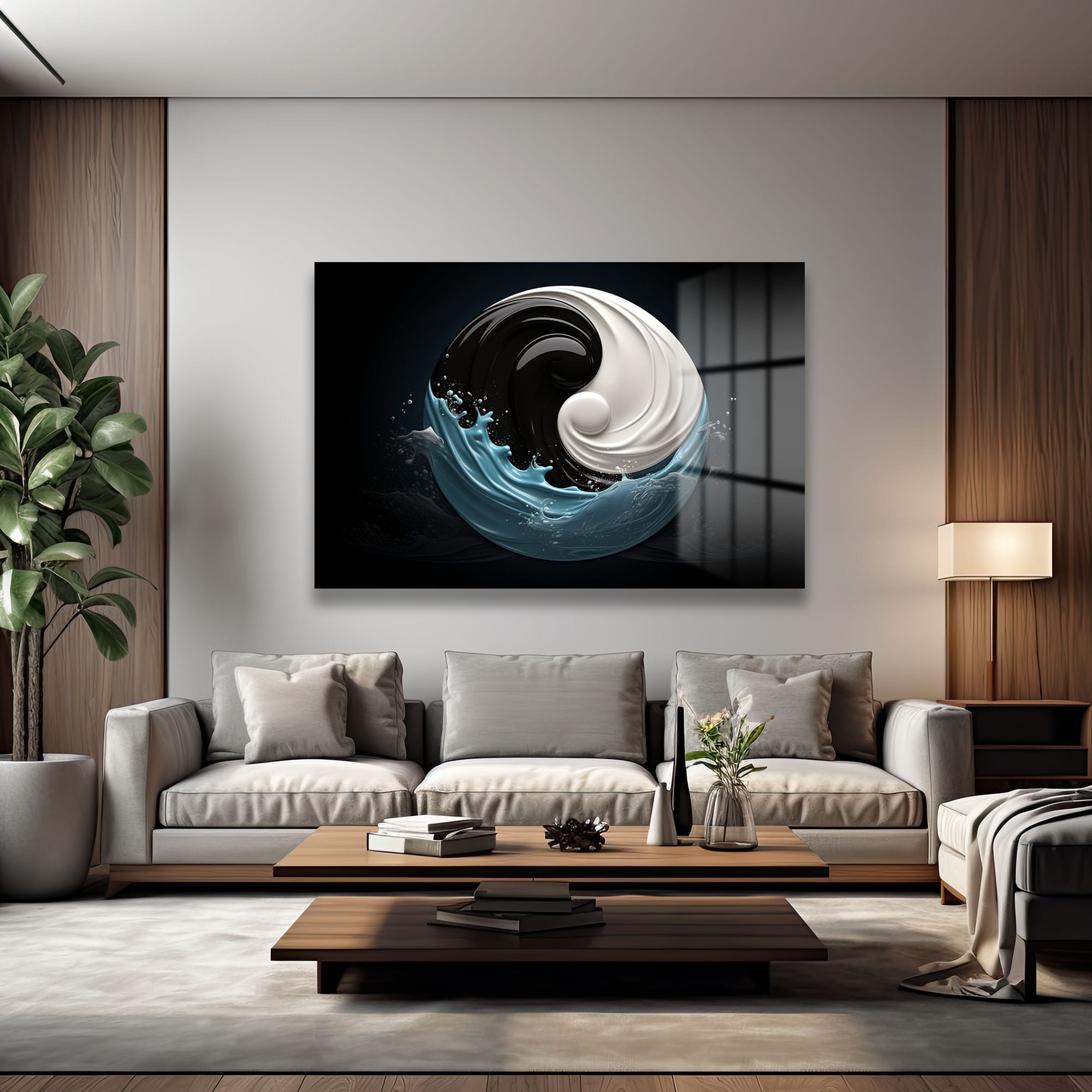 Yin-Yang Dalgaları: Modern Denge Temalı Cam Tablo
