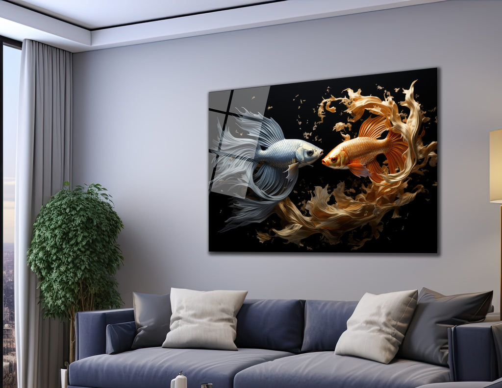 İlahi Dans: Altın ve Gümüş Balıklar Temalı Modern Cam Tablo