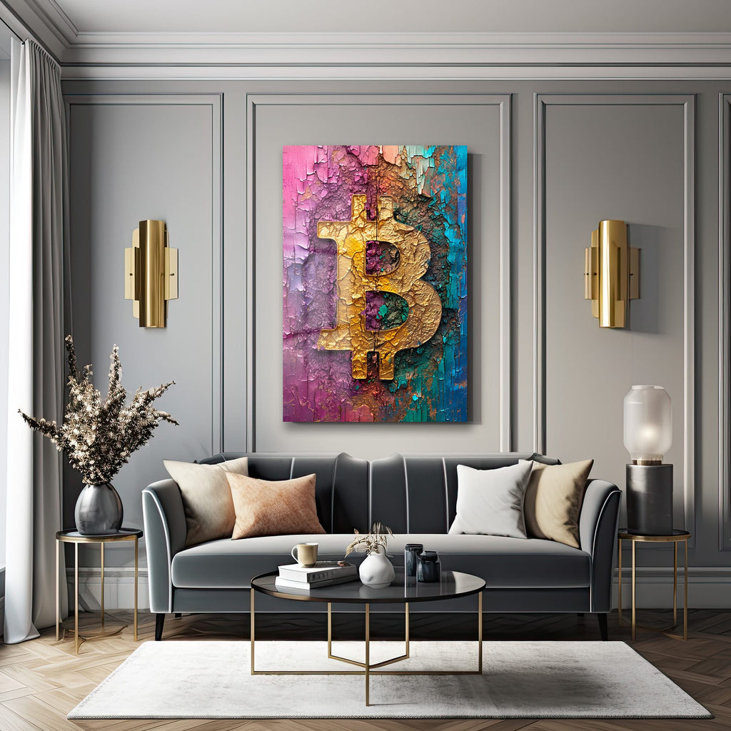 Dinamik Bitcoin: Canlı Renklerle Modern Kripto Sanat Cam Tablo