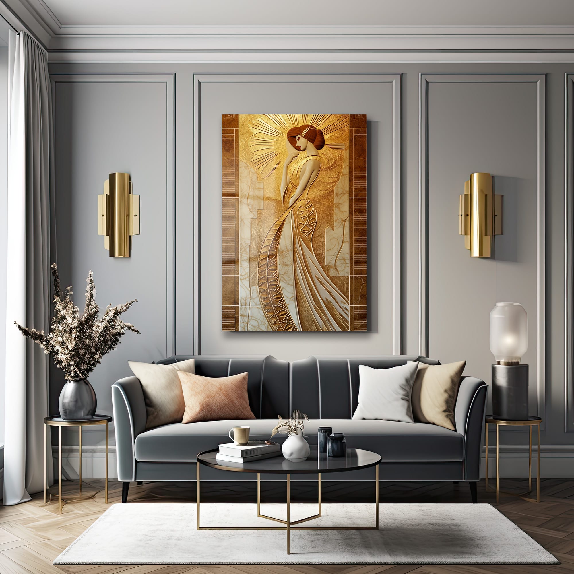 Altın Işıltılı Zarafet: Modern Art Deco Kadın Cam Tablo
