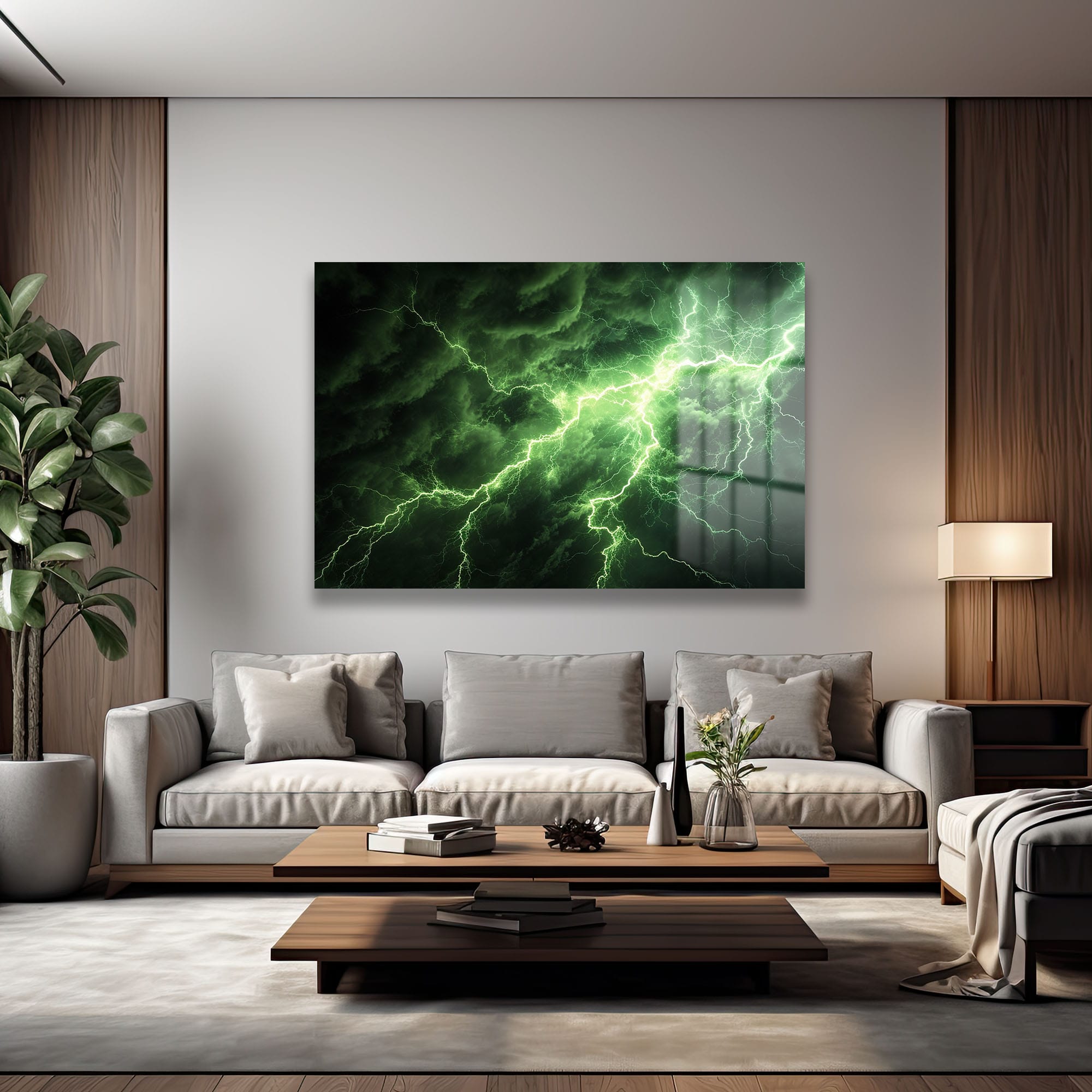 Yeşil Şimşek Fırtınası: Enerjik ve Modern Cam Tablo