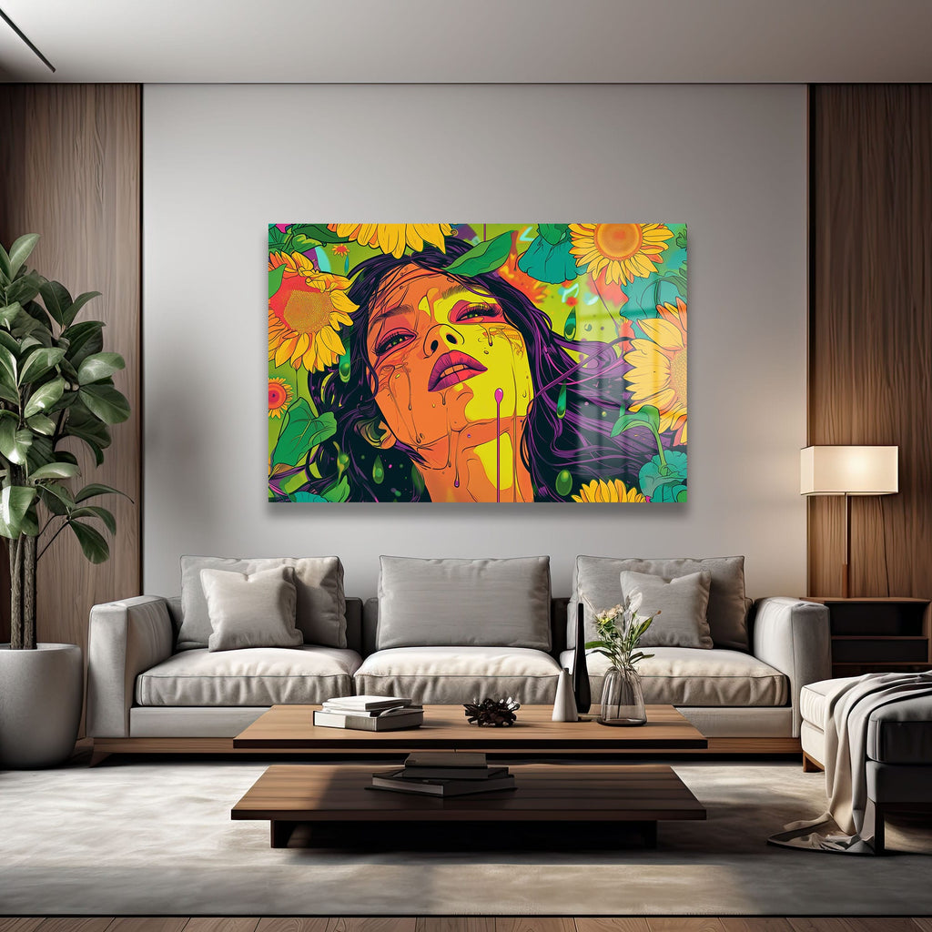 Günebakanın Gözyaşları: Canlı Pop Art Cam Tablo - Modern Duvar Dekorasyonu