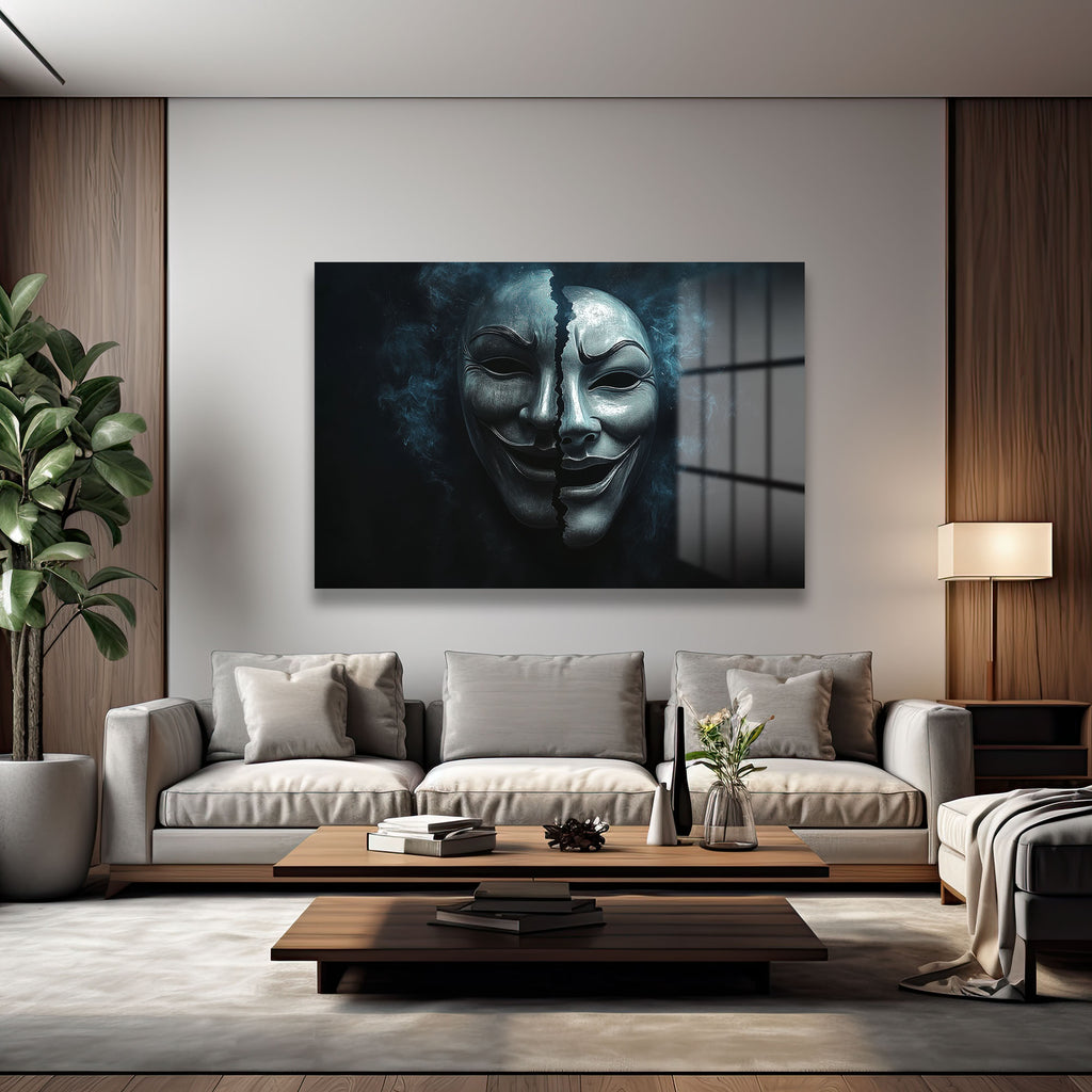 İki Yüzlü Maske: Gizemli Denge Modern Cam Tablo