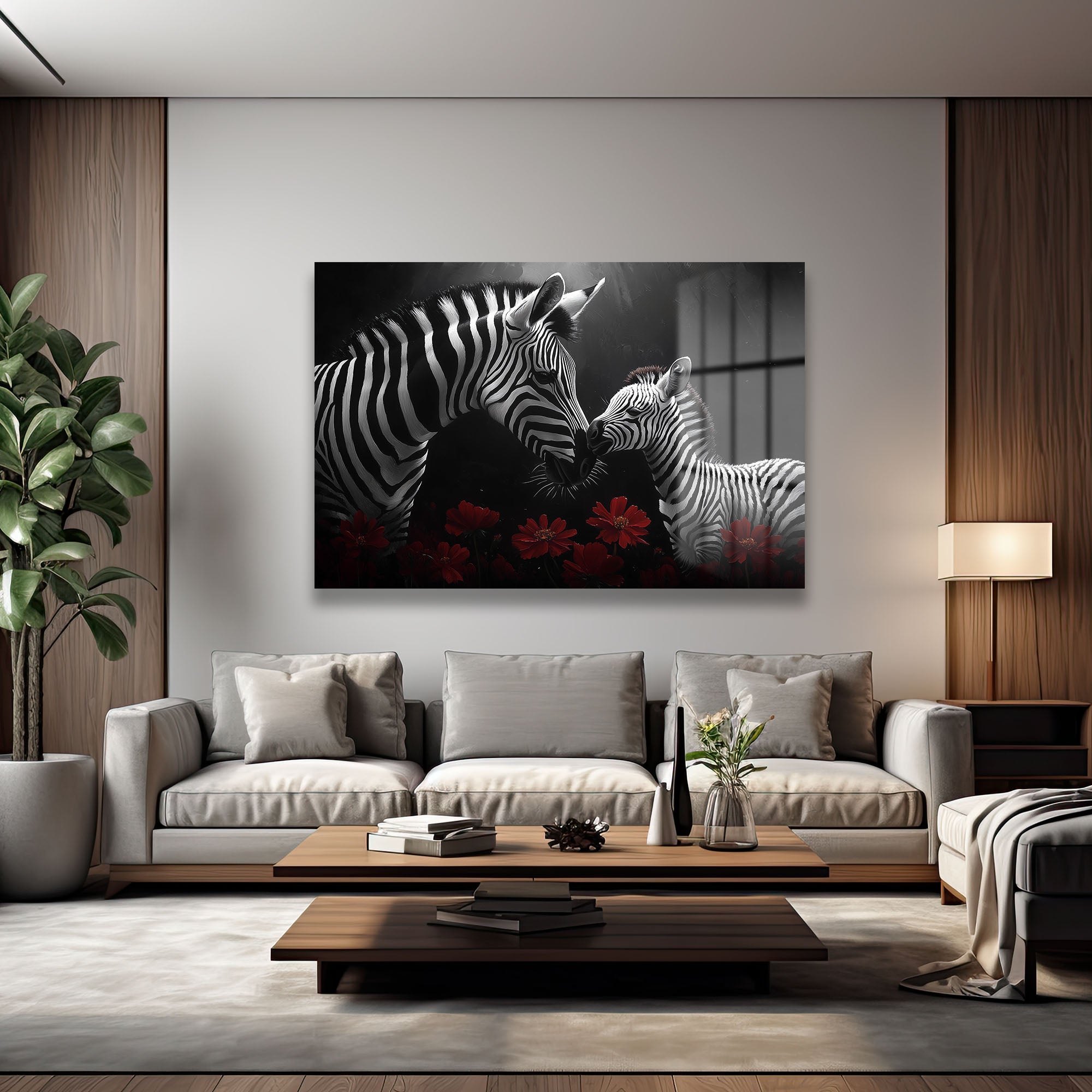 Anne ve Yavru Zebra Sevgisi Cam Tablo | Kırmızı Çiçekli Duvar Dekoru