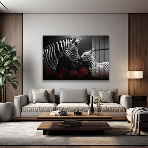 Anne ve Yavru Zebra Sevgisi Cam Tablo | Kırmızı Çiçekli Duvar Dekoru