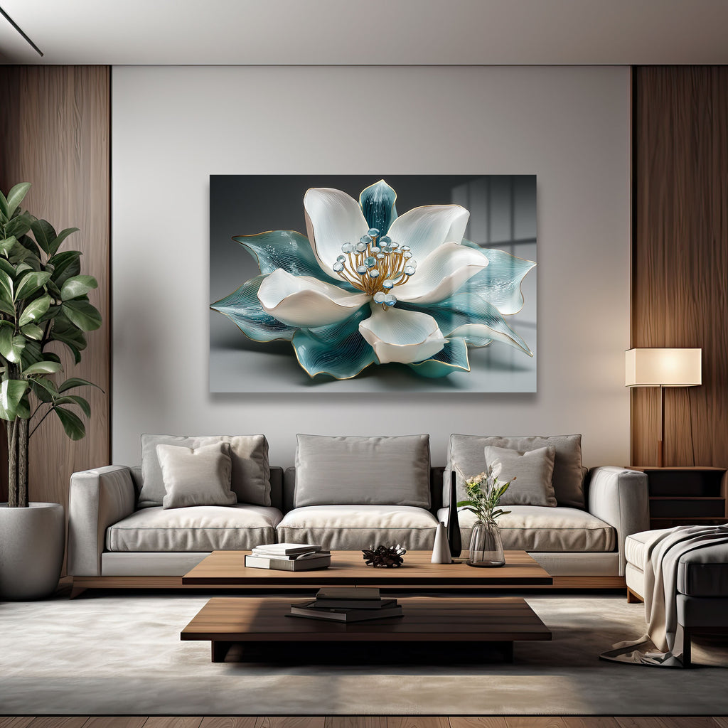 Aqua Lotus Zarafeti: Altın Detaylı Modern Cam Tablo