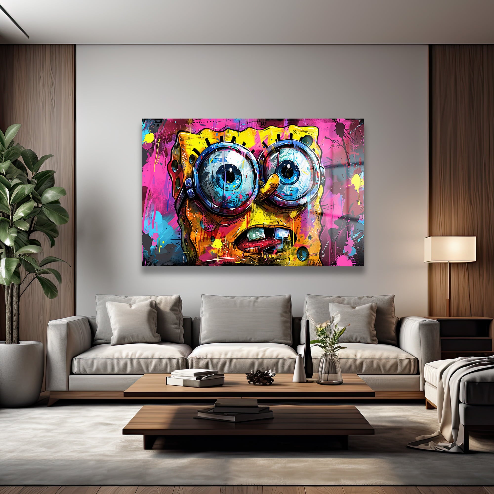 SpongeBob Graffiti Patlaması: Modern Sanat Temperli Cam Tablo