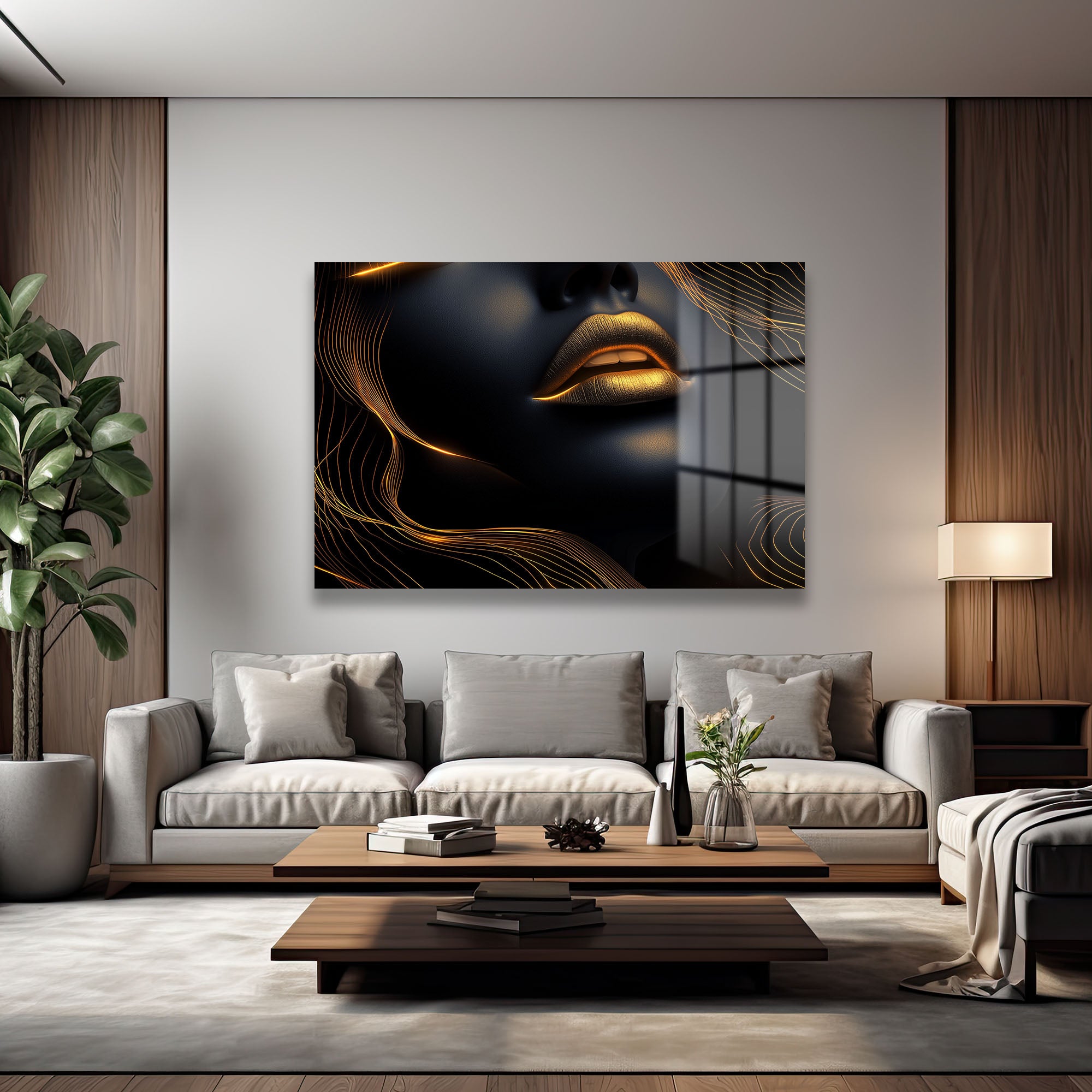 Altın Dudaklar ve Işıltılı Çizgiler: Modern Sanat Temperli Cam Tablo
