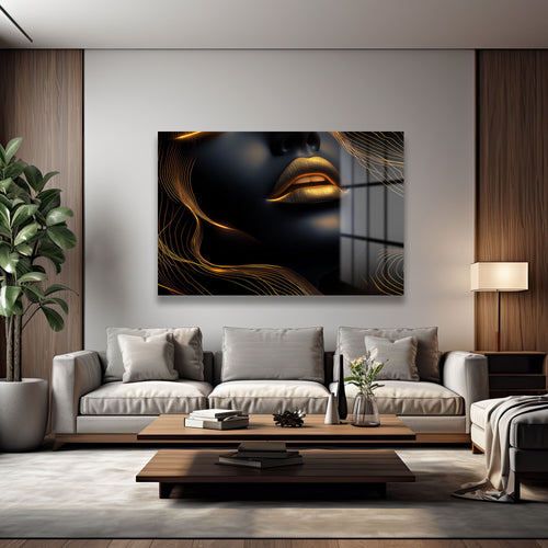 Altın Dudaklar ve Işıltılı Çizgiler: Modern Sanat Temperli Cam Tablo