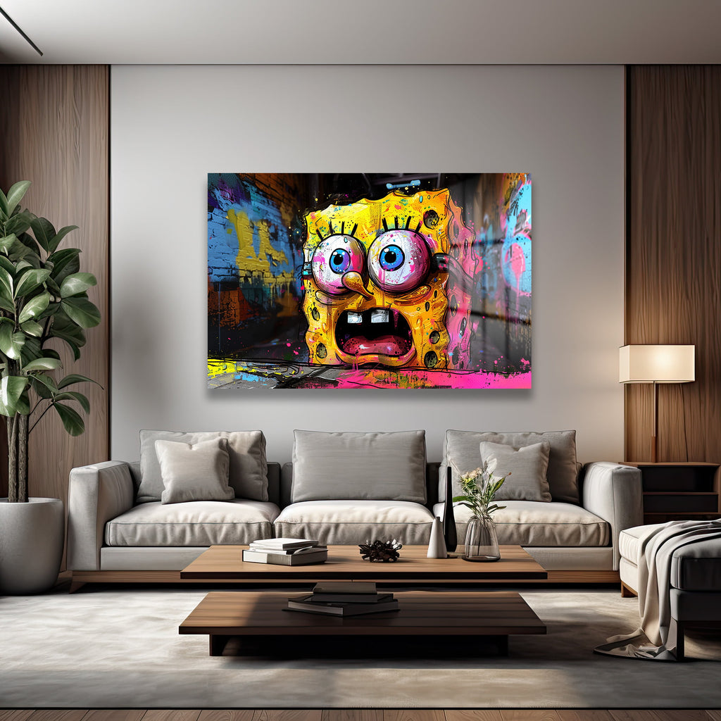 Sünger Bob'un Şaşkınlığı: Urban Graffiti Cam Tablo