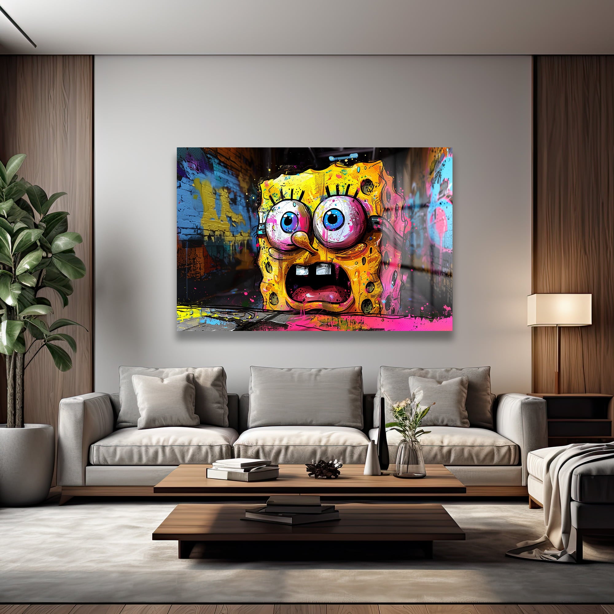 Sünger Bob'un Şaşkınlığı: Urban Graffiti Cam Tablo