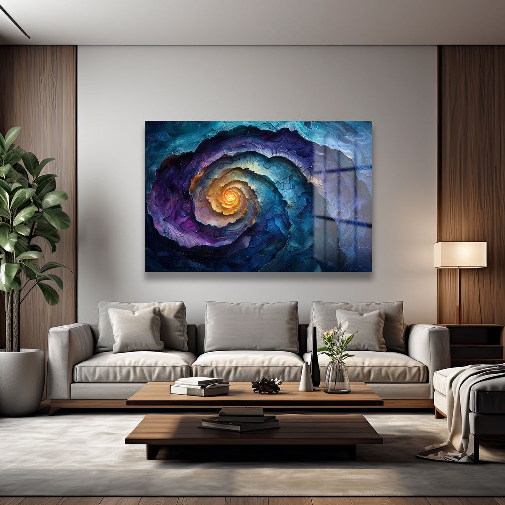 Galaktik Spiral: Mor Mavi Tonlarında Modern Soyut Cam Tablo