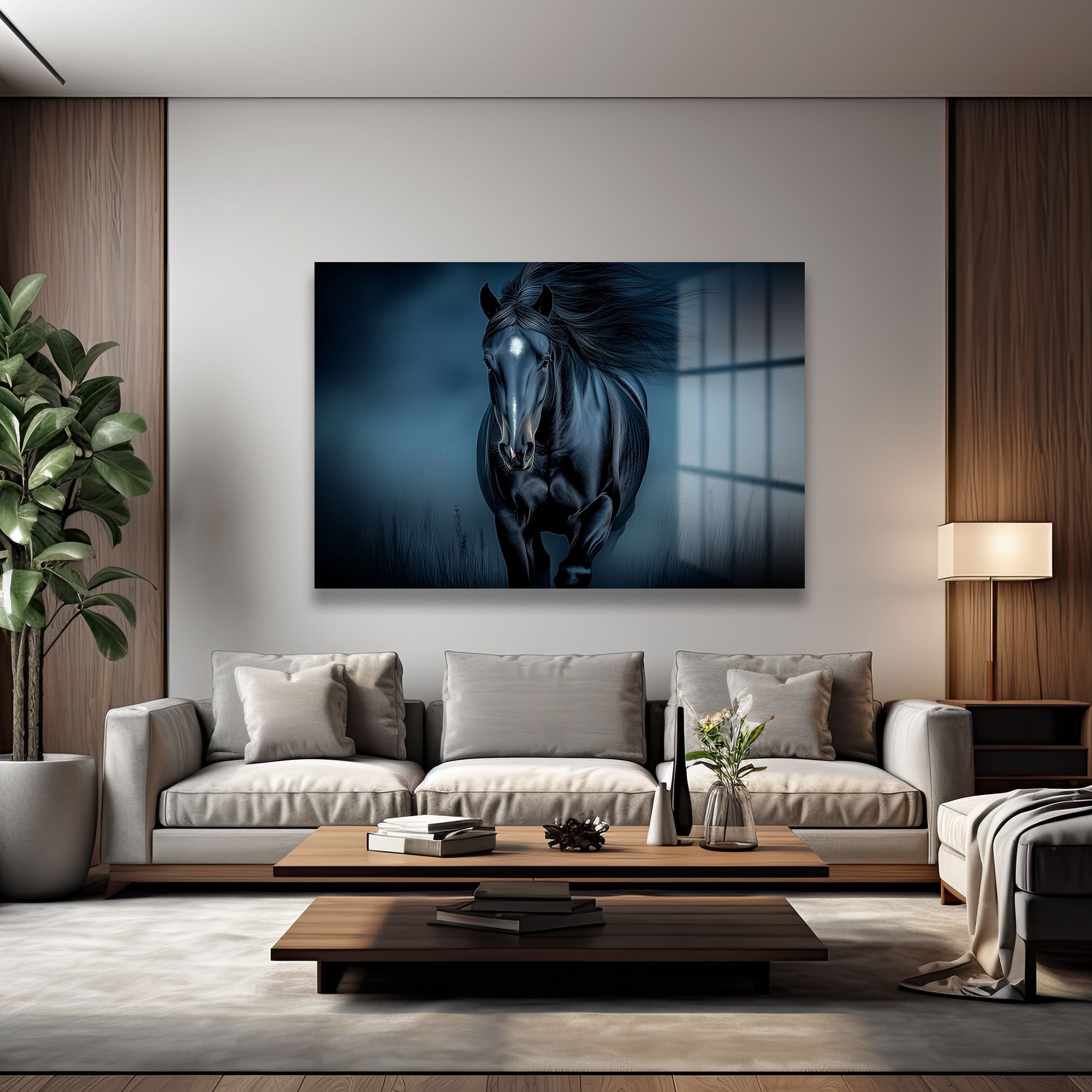 Asil Güç: Siyah At Koşusu Modern Cam Tablo
