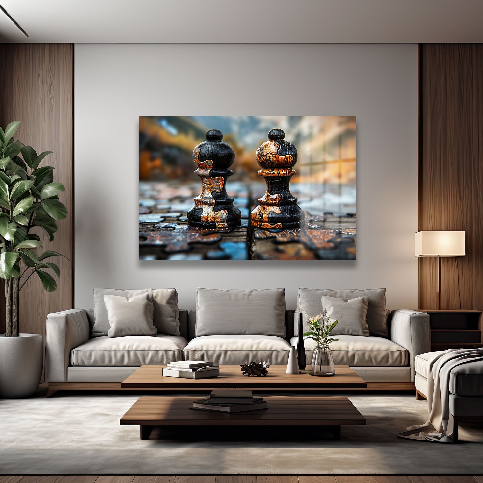 Stratejik Düşünce: Satranç Taşları Puzzle Efektli Modern Cam Tablo