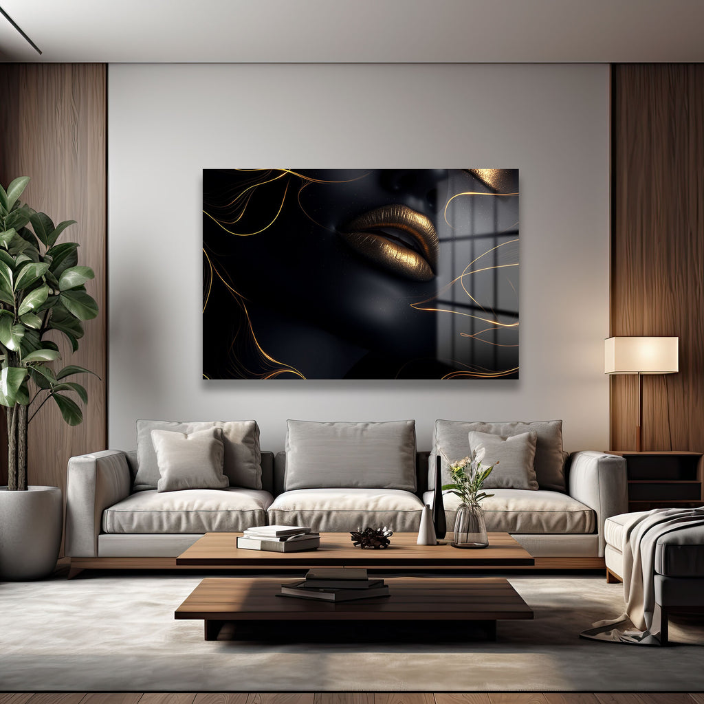 Gizemli Altın Dudaklar: Modern Sanat Cam Tablo