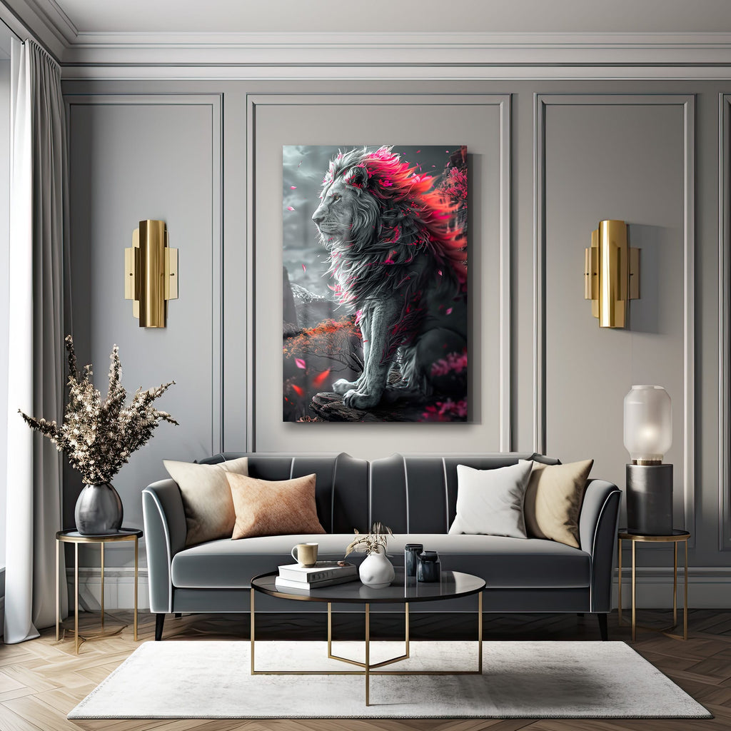 İhtişamlı Pembe Yeleli Aslan Cam Tablo: Gücün ve Zarafetin Modern Sanat Yorumu