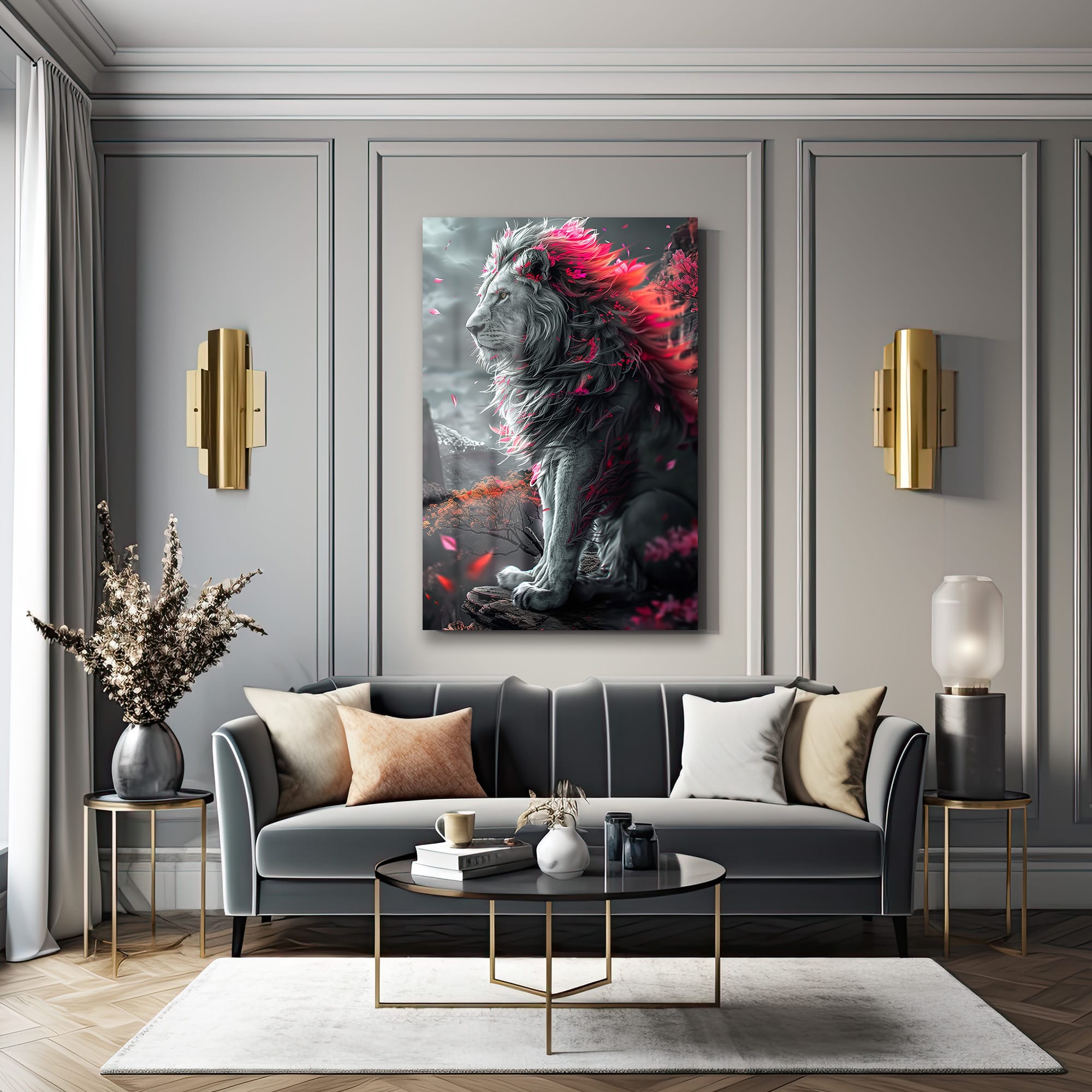 İhtişamlı Pembe Yeleli Aslan Cam Tablo: Gücün ve Zarafetin Modern Sanat Yorumu