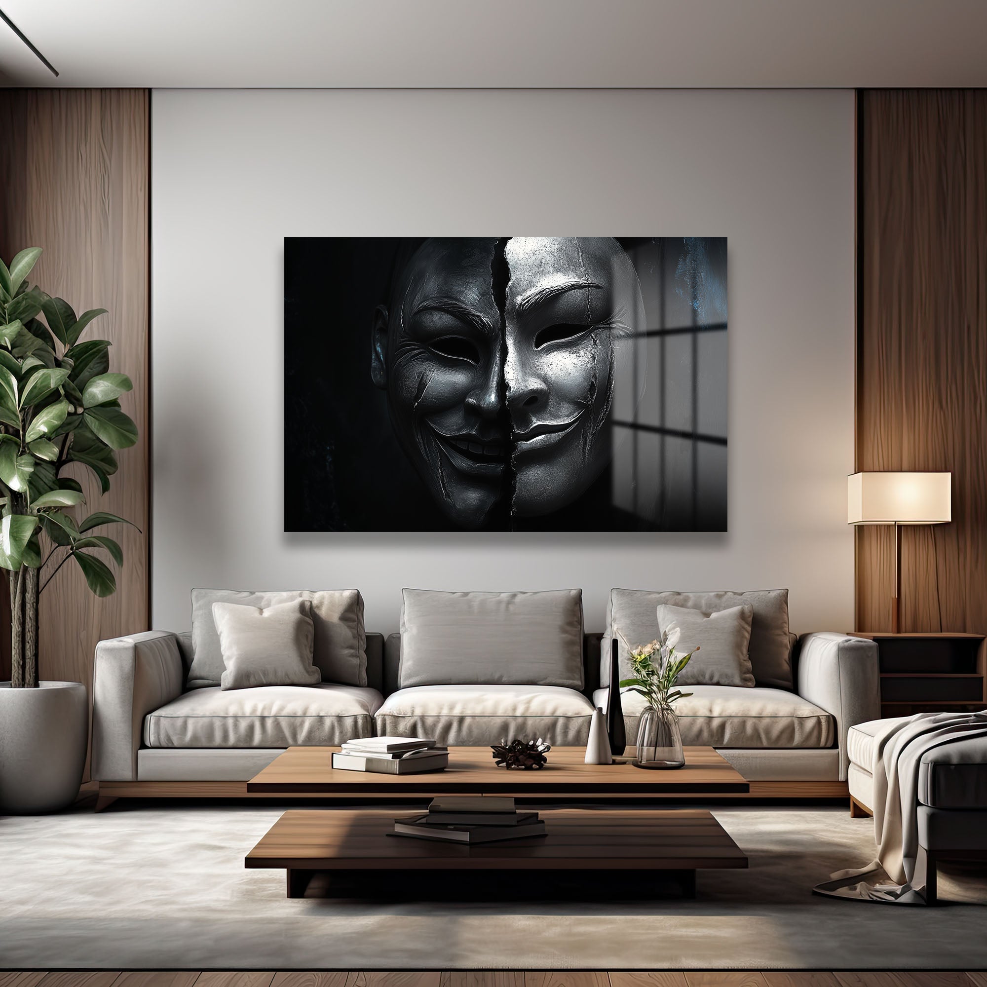 İkilemin Yüzü: Modern Sanat Temalı Kırık Maske Cam Tablo