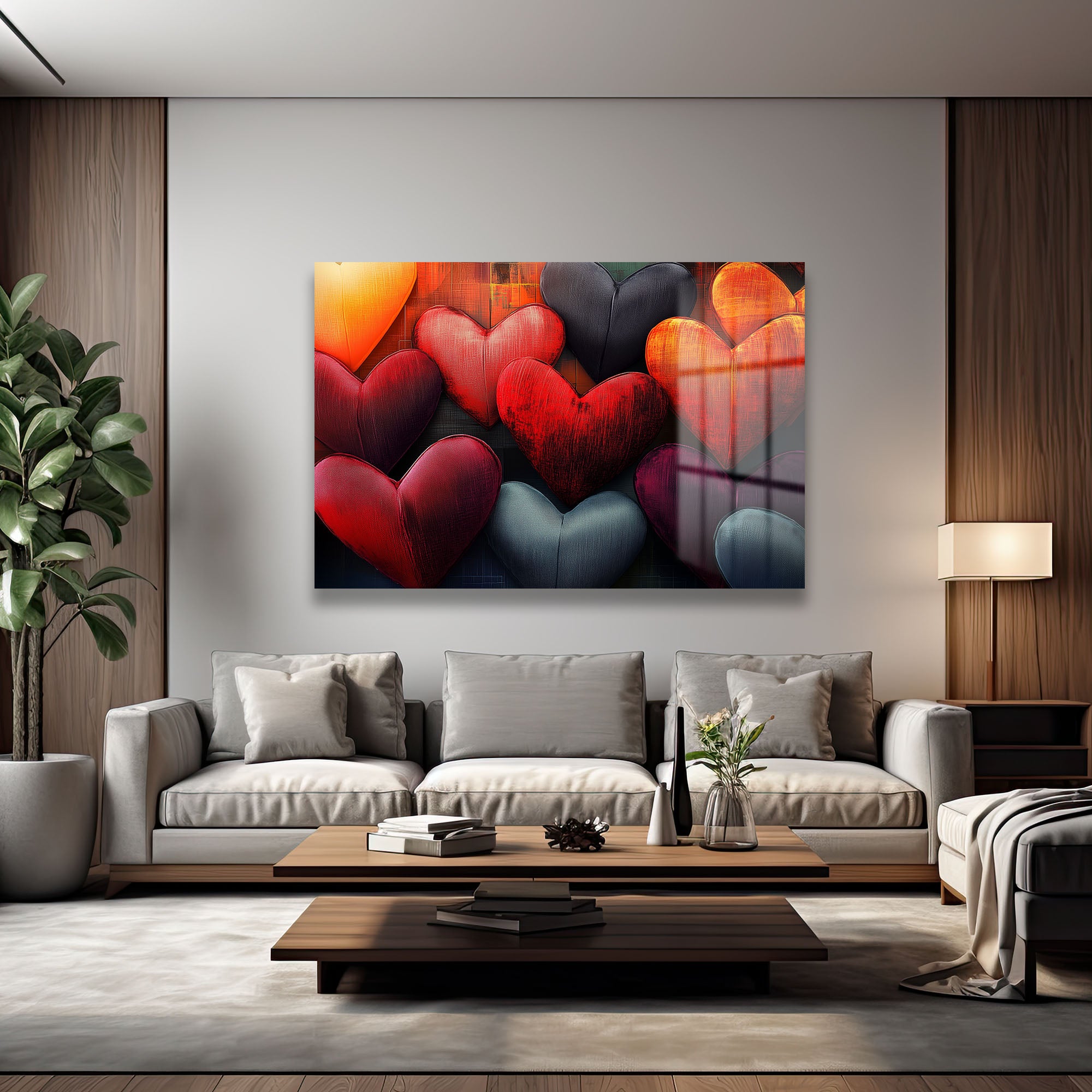 Aşkın Rengi: Dokulu Kalpler Modern Cam Tablo