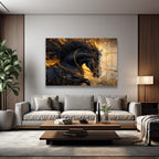 İhtişamlı Kara At: Altın Işıltılı Temperli Cam Tablo
