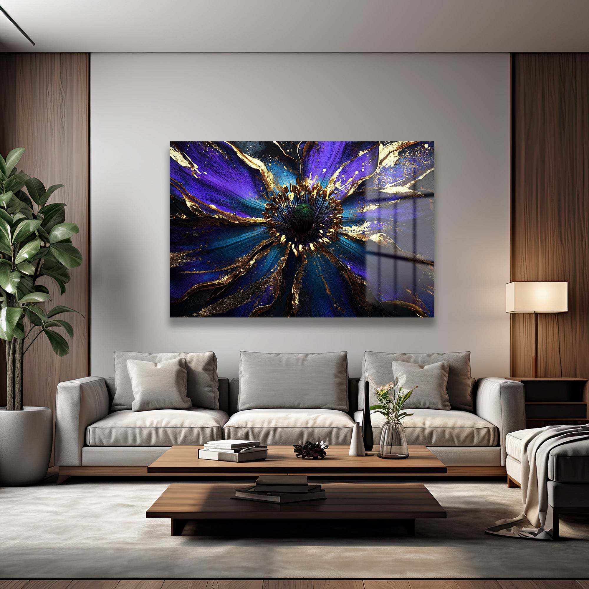 Derin Mor ve Altın Işıltılı Soyut Sanat Cam Tablo