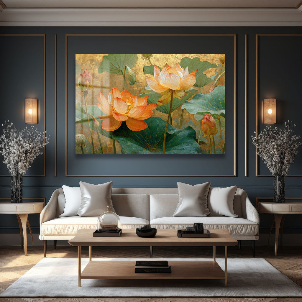 Altın Işıltılı Lotus Bahçesi: Estetik Temperli Cam Tablo