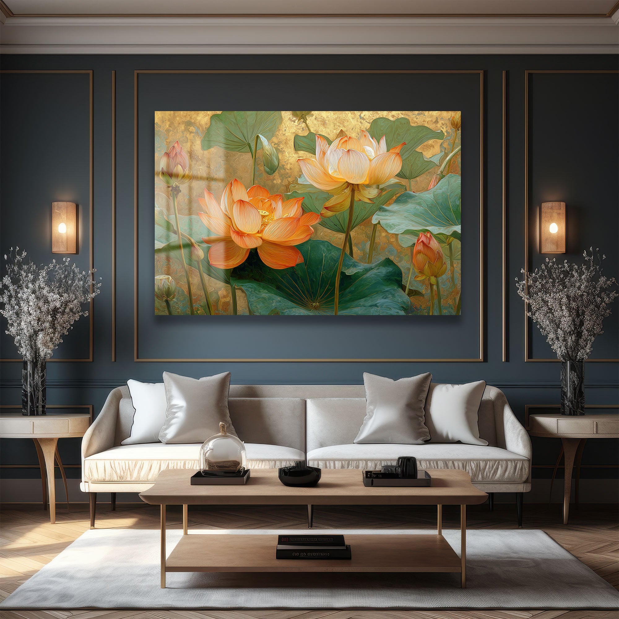 Altın Işıltılı Lotus Bahçesi: Estetik Temperli Cam Tablo
