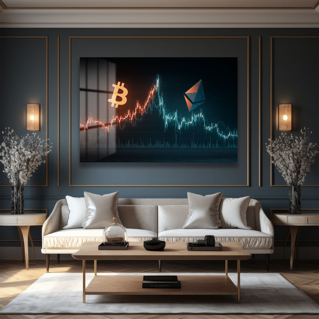 Kripto Piyasasının Ritmi: Bitcoin ve Ethereum Temalı Modern Cam Tablo