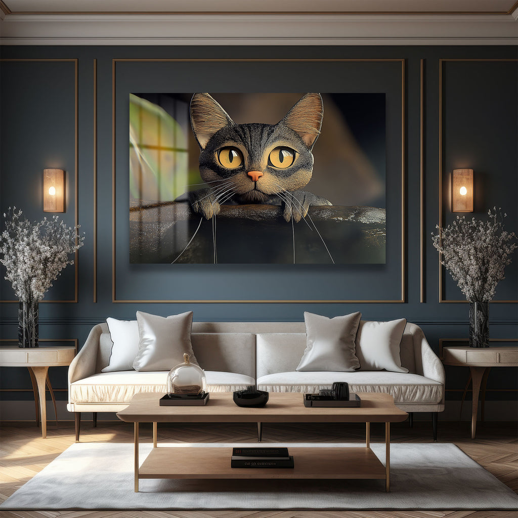 Büyüleyici Gözler: Meraklı Kedi Temalı Modern Dekoratif Cam Tablo