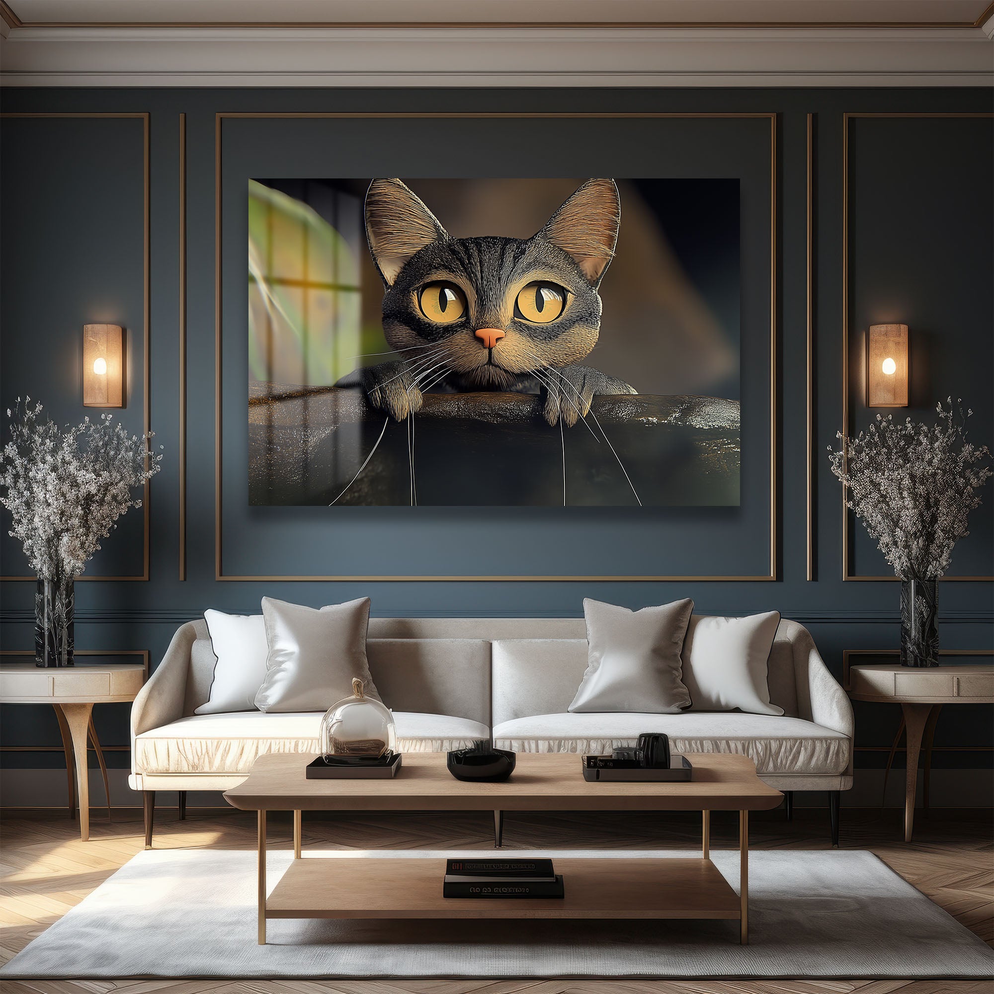 Büyüleyici Gözler: Meraklı Kedi Temalı Modern Dekoratif Cam Tablo