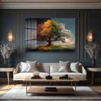 Mevsimlerin Dansı: Dört Mevsim Ağacı Temalı Temperli Cam Tablo