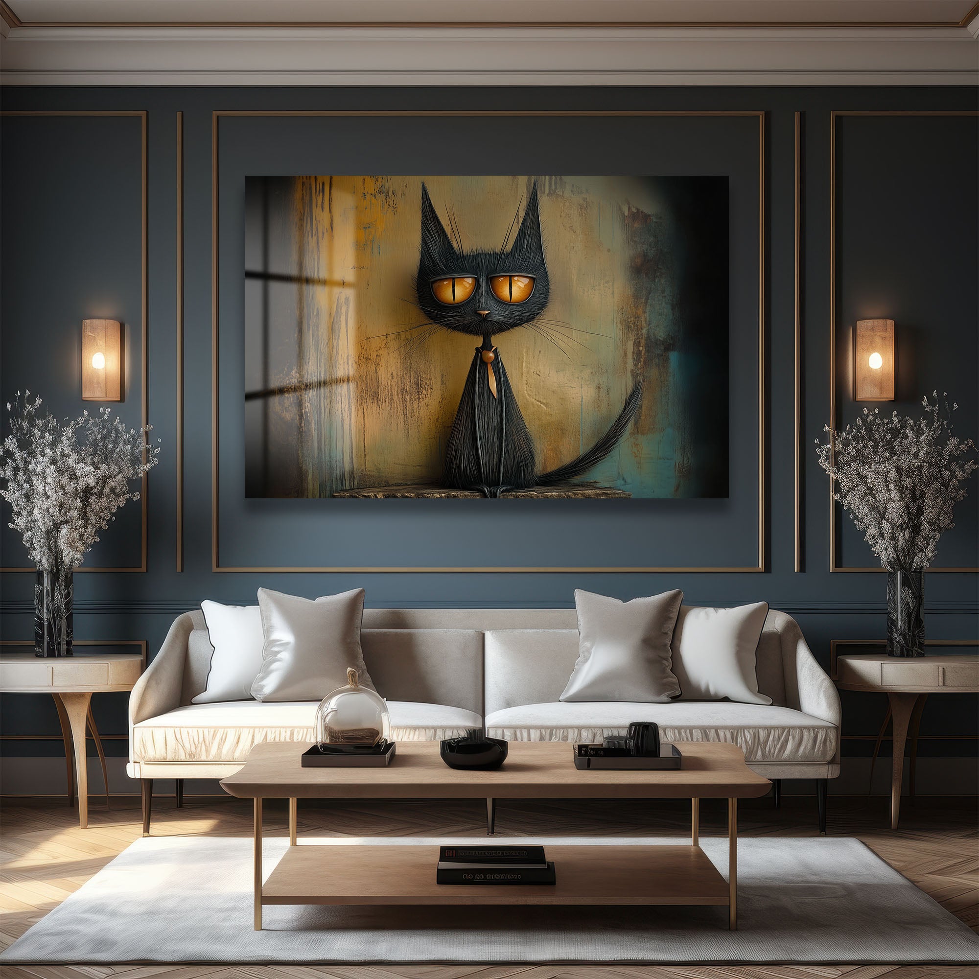 Gizemli Bakışlı Kara Kedi: Modern Sanat Temperli Cam Tablo