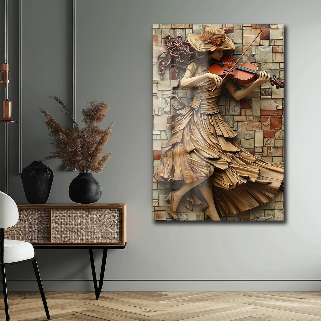 Melodinin Dansı: Keman Çalan Kadın 3D Sanat Etkili Cam Tablo