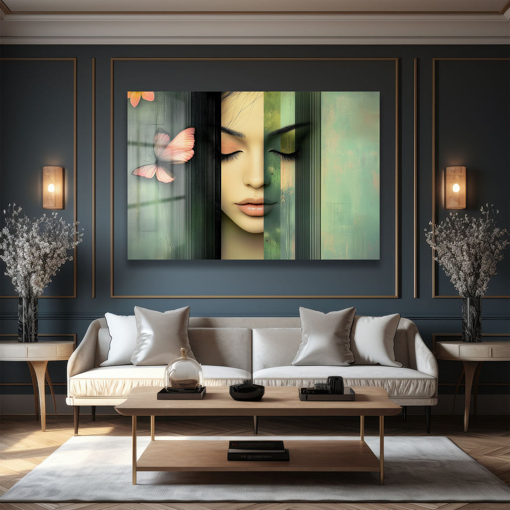 Gizemli Rüyalar: Kelebek ve Kadın Temalı Modern Cam Tablo