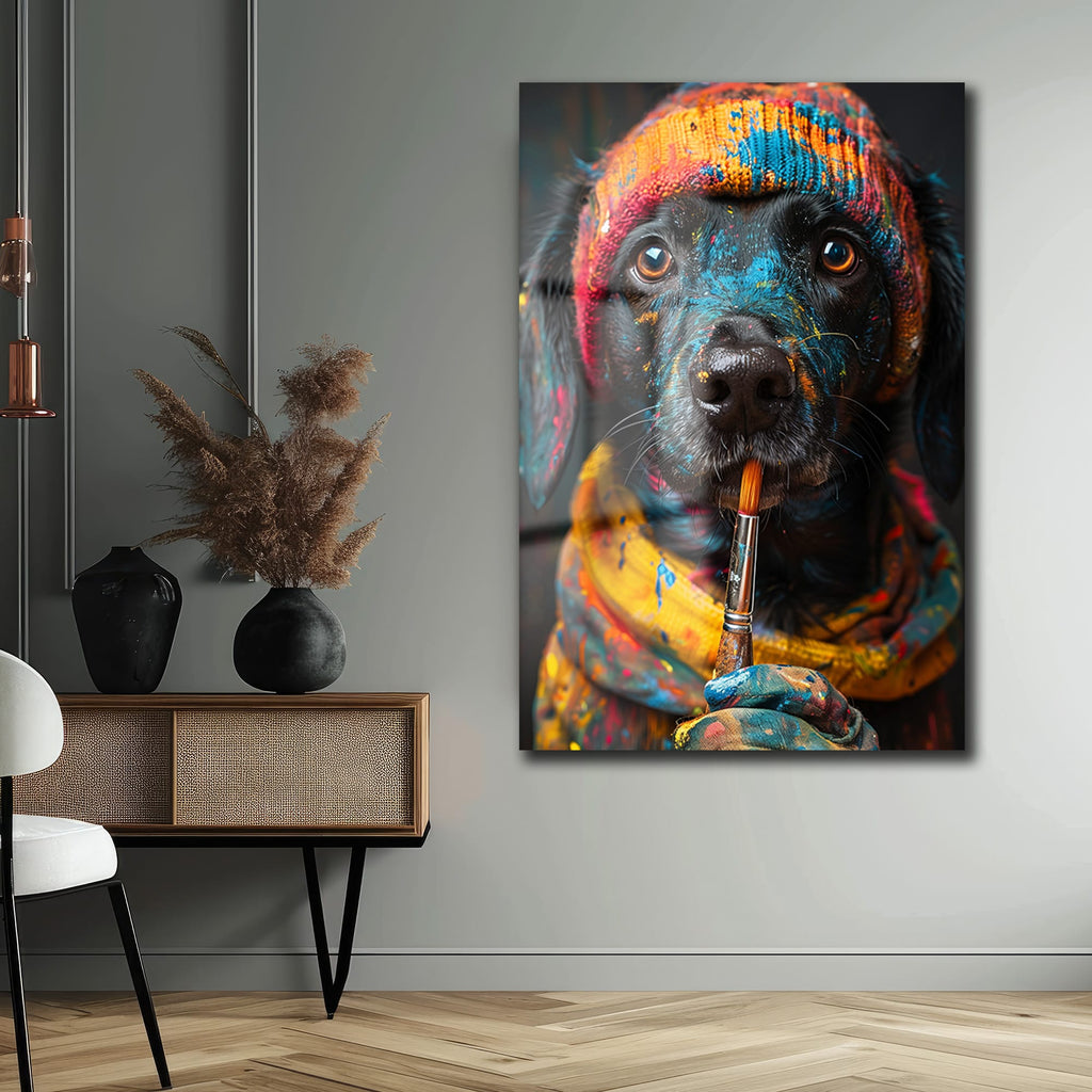 Sanatçı Ruhlu Dost: Renkli Köpek Cam Tablo