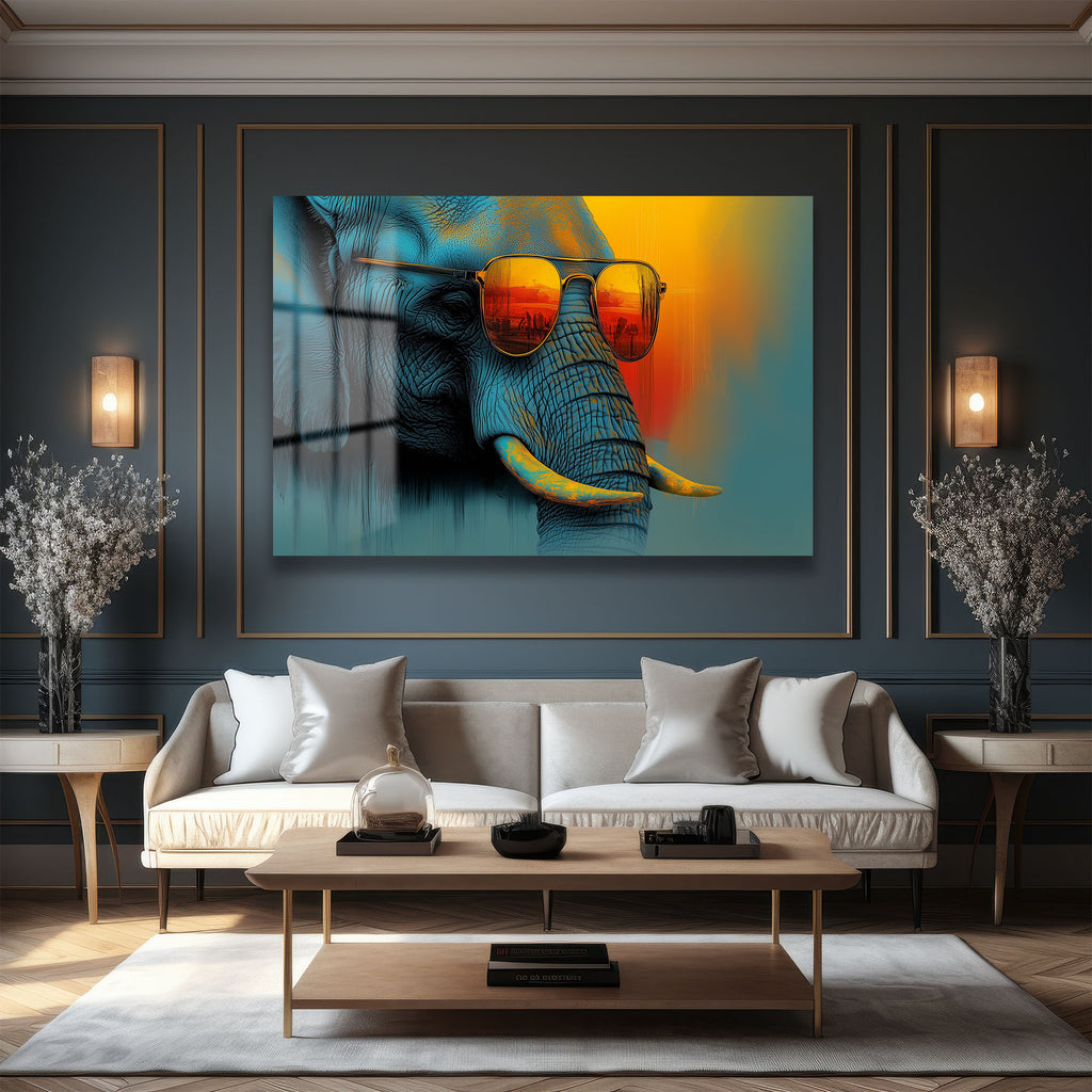 Havalı Fil: Güneş Gözlüklü Modern Sanat Cam Tablosu