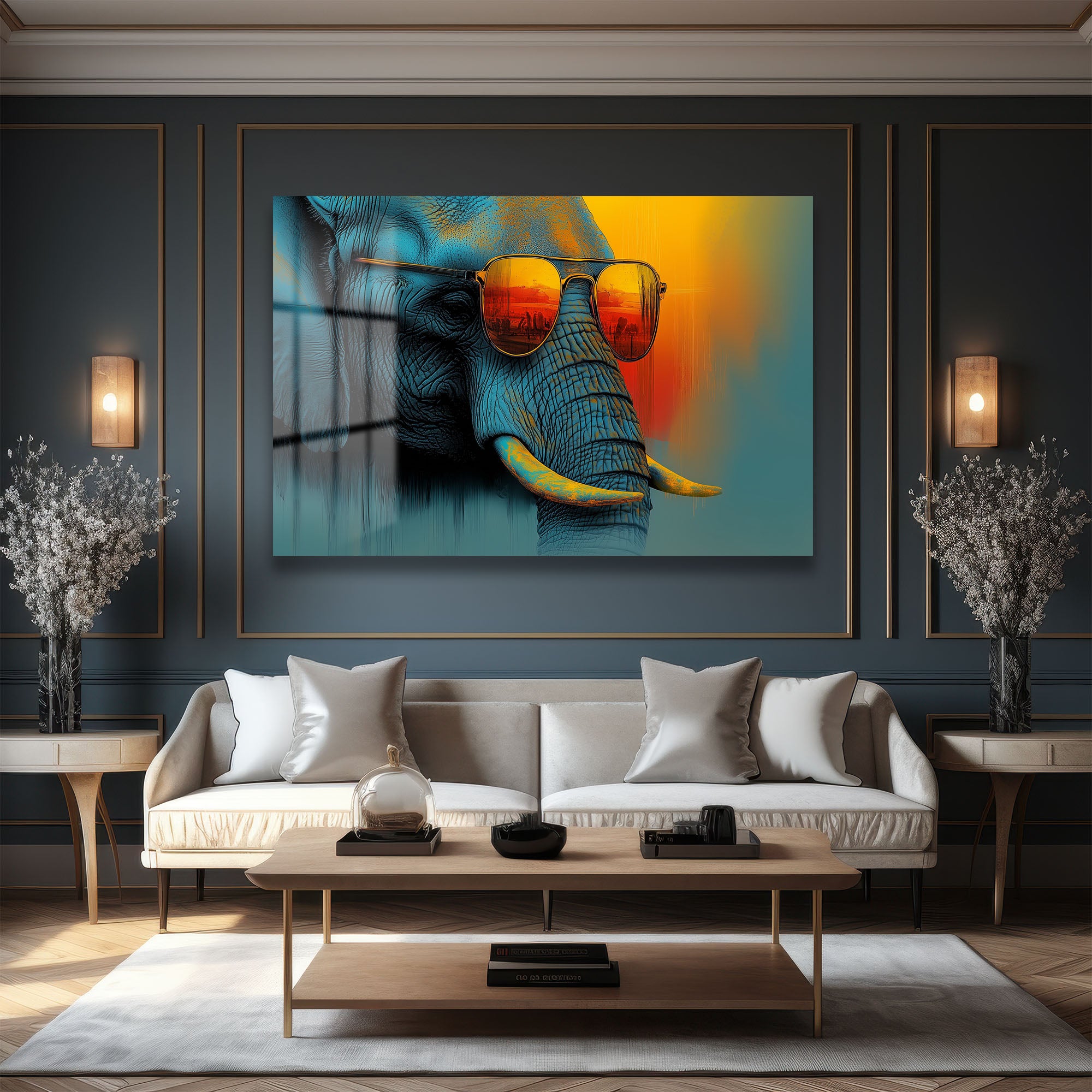 Havalı Fil: Güneş Gözlüklü Modern Sanat Cam Tablosu