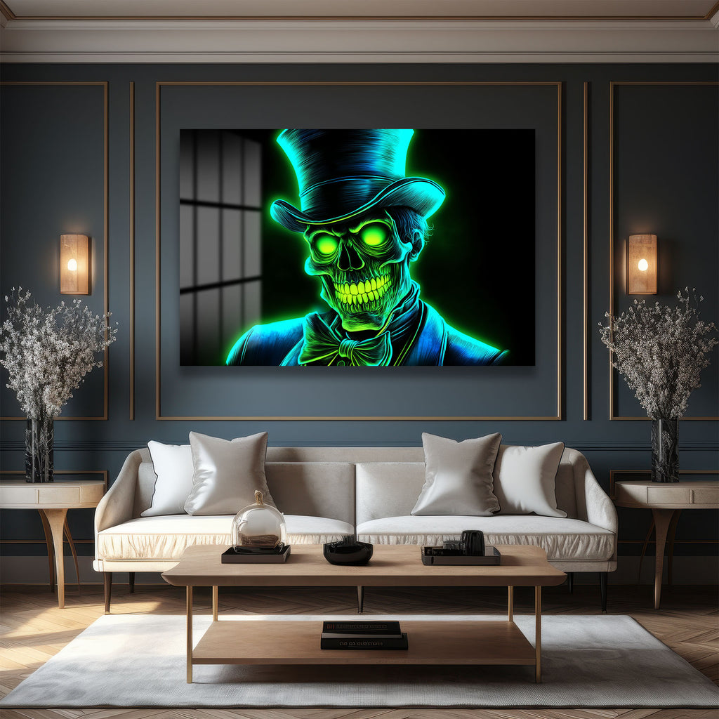 Neon Centilmen: Işıltılı Yeşil İskelet Cam Tablo - Modern Duvar Dekorasyonu