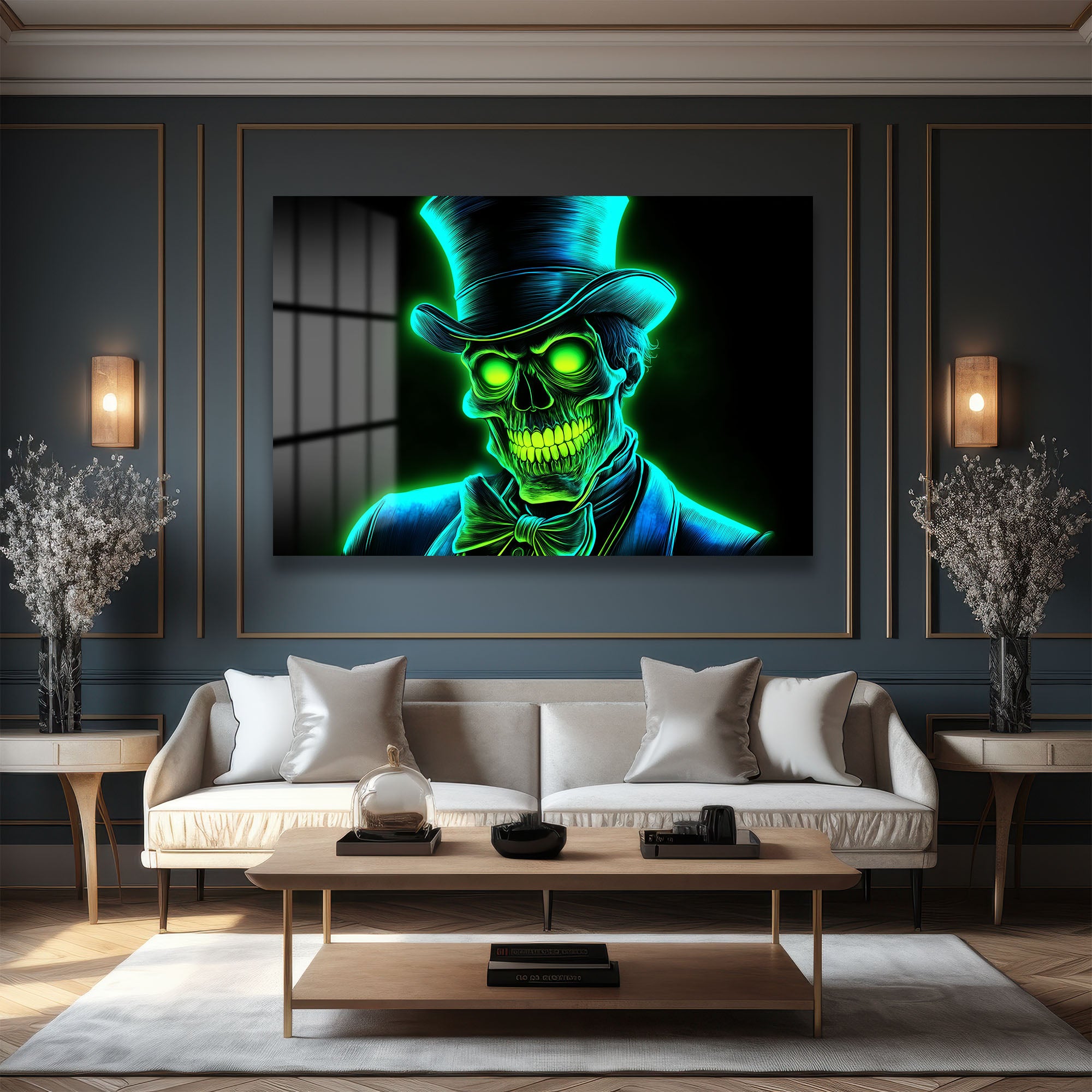 Neon Centilmen: Işıltılı Yeşil İskelet Cam Tablo - Modern Duvar Dekorasyonu