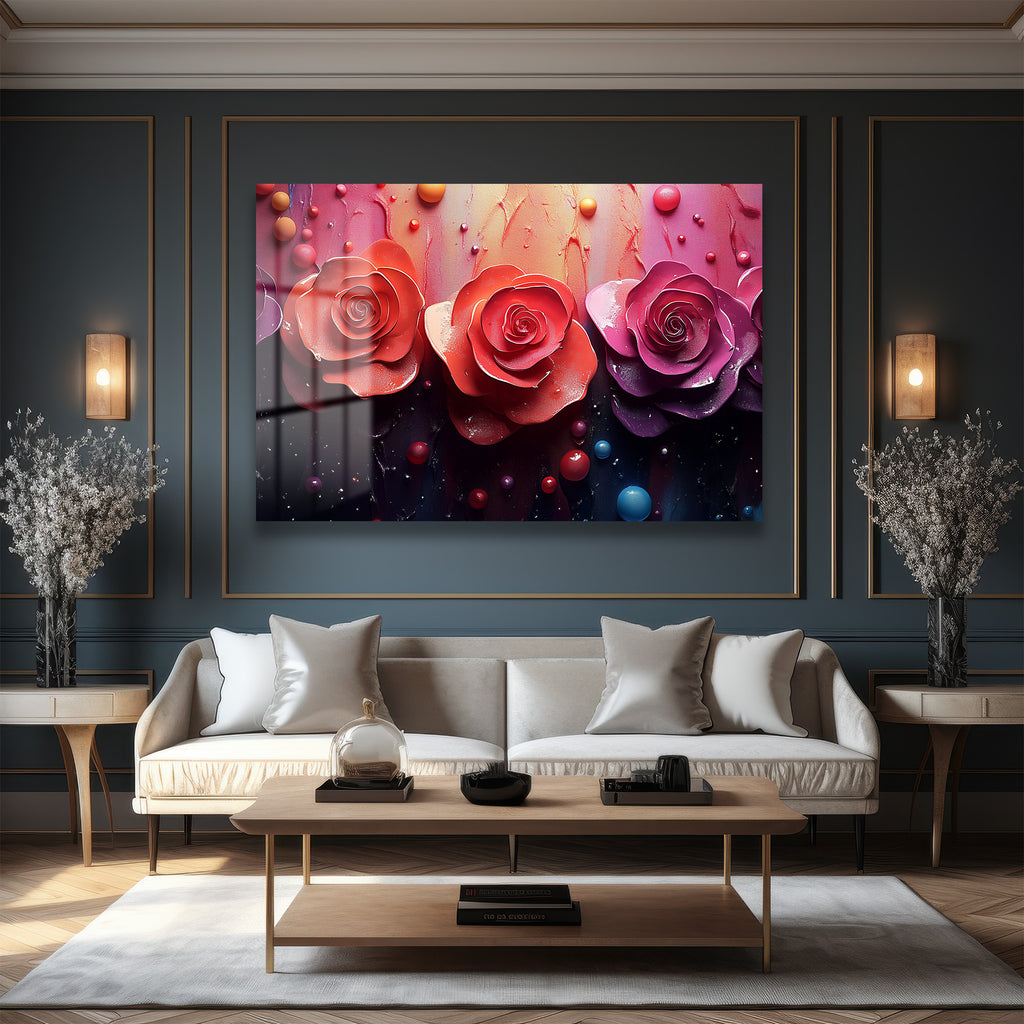 Büyüleyici Güller ve Parıltılar: Modern 3D Efektli Cam Tablo