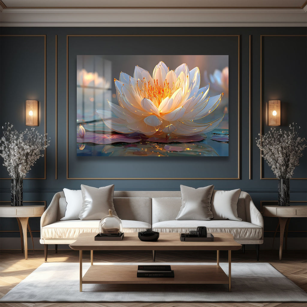 Altın Işıltılı Lotus: Huzur Veren Modern Cam Tablo