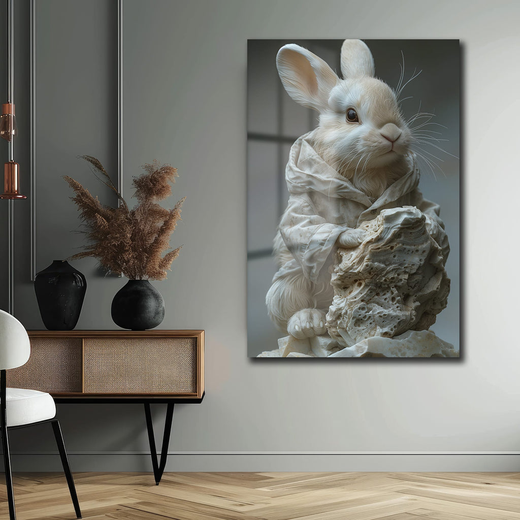 Gizemli Tavşan Heykeli: Modern Sanat Temperli Cam Tablo