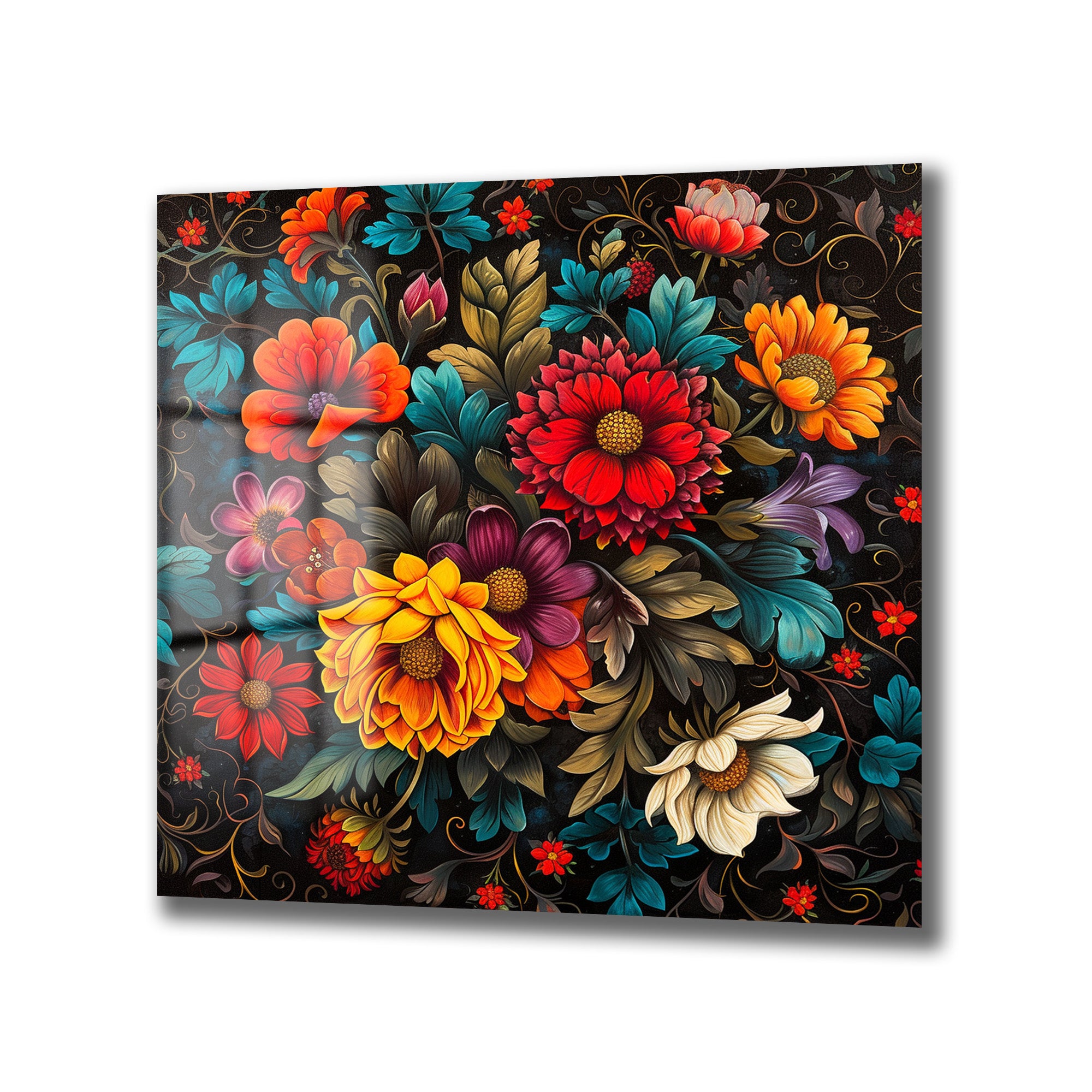 Renk Şöleni Floral Desenli Dekoratif Cam Tablo