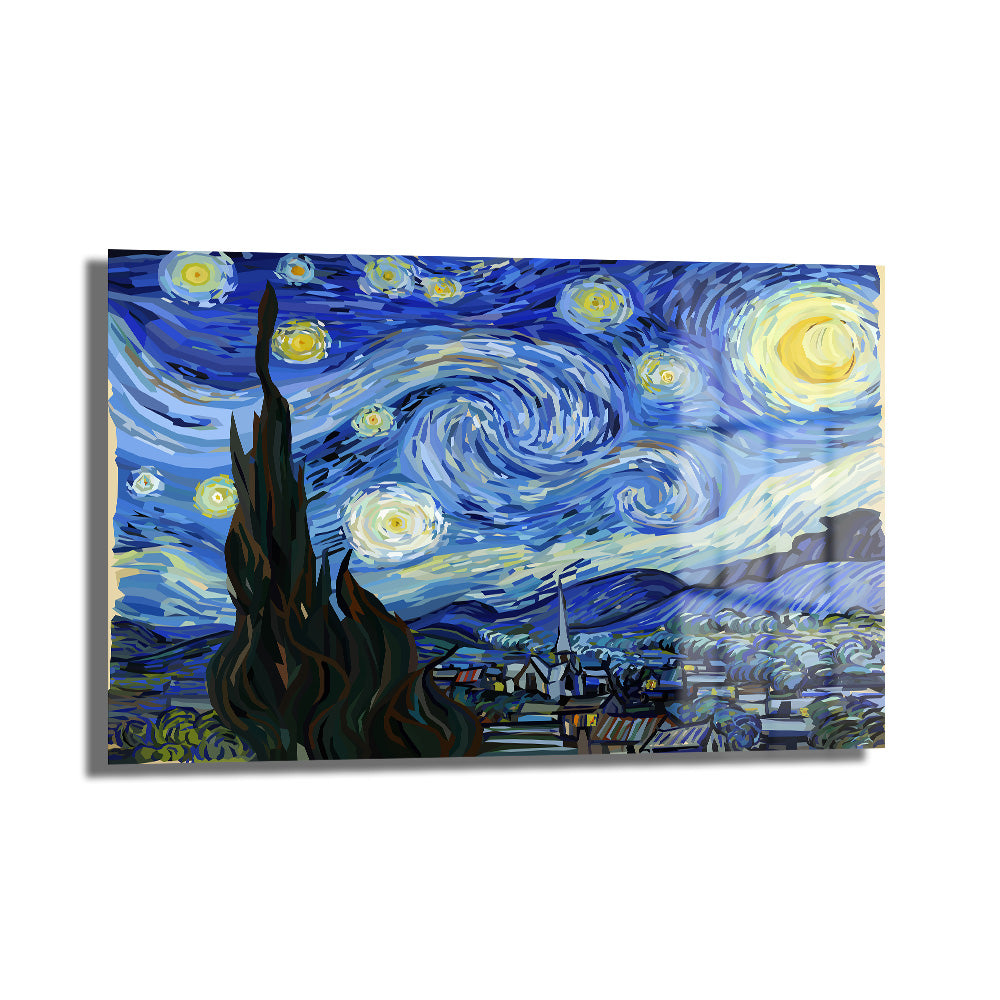 Yıldızlı Gece Cam Tablo: Van Gogh'un Büyülü Dokunuşu, Vincent van Gogh'un ikonik tablosunu yansıtan, girdaplı mavi gökyüzü, parlak sarı yıldızlar, ay ve ön planda selvi ağacı ile sakin bir köy manzarasını betimleyen, 4mm temperli cam üzerine UV baskılı bir duvar sanatı.