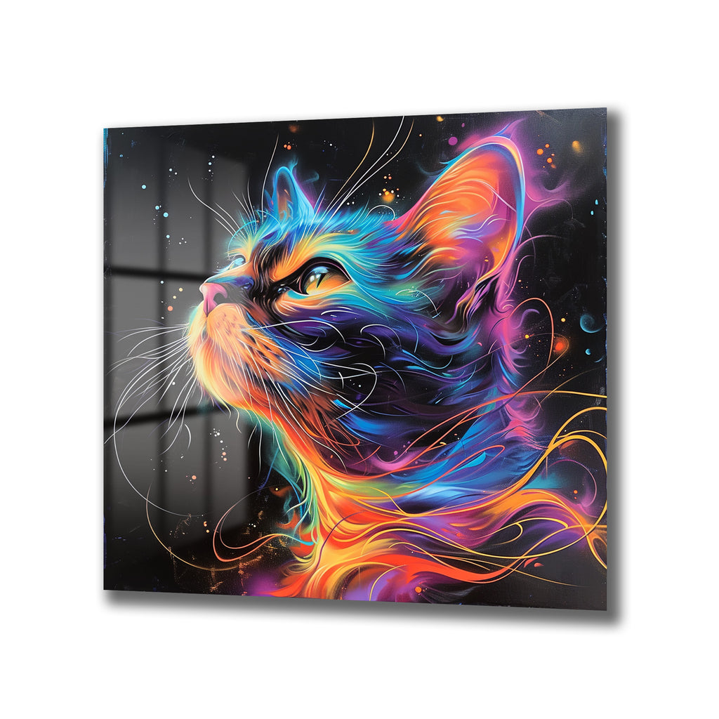 Göz Kamaştıran Neon Kedi Sanatı Cam Tablo