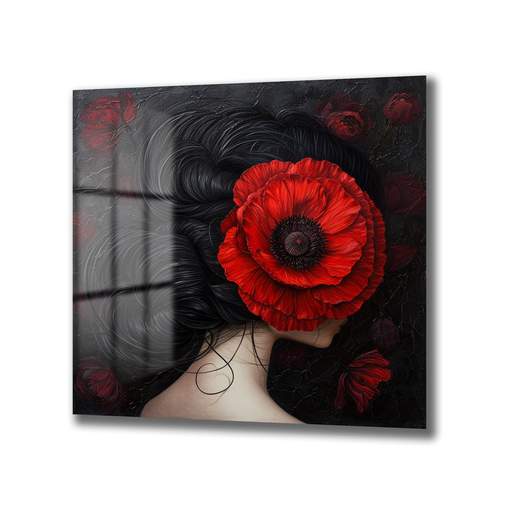 Gizemli Kırmızı Haşhaşlı Kadın Sanat Cam Tablo
